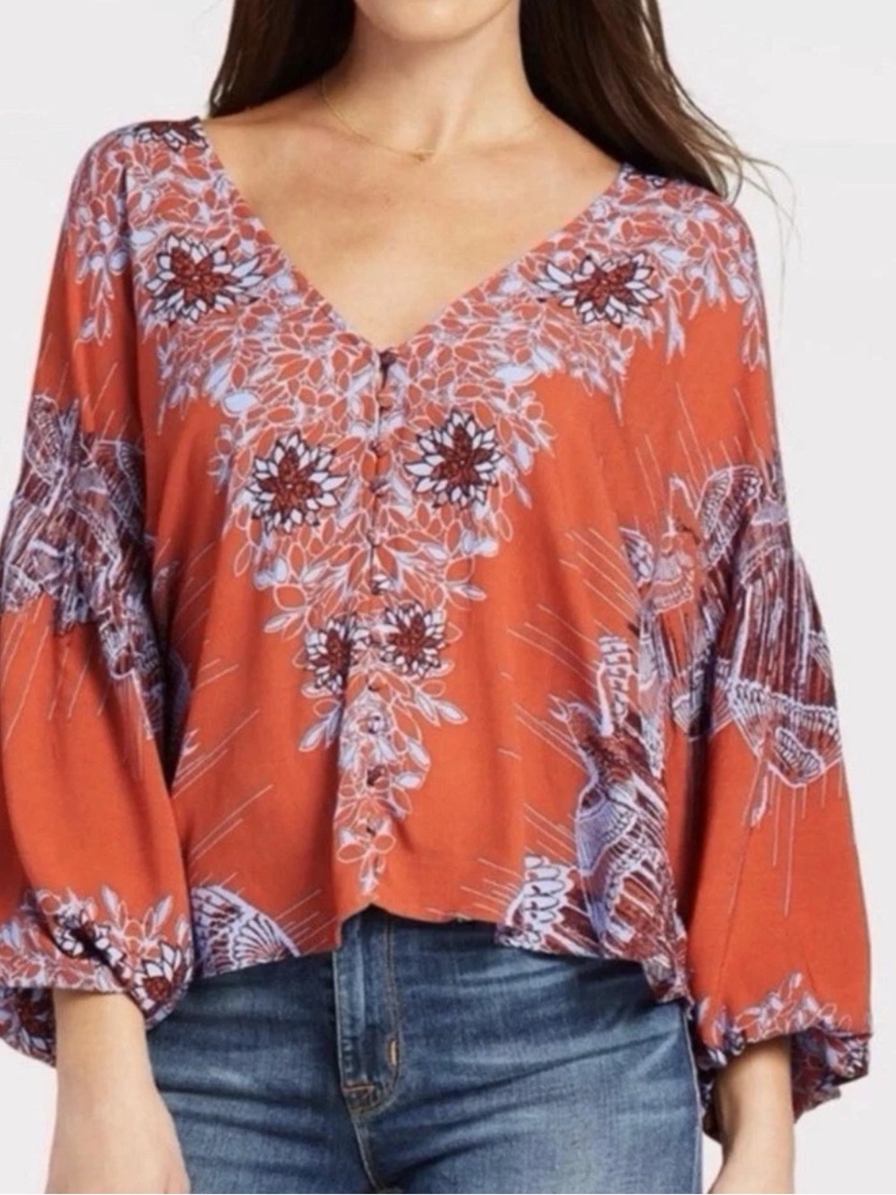 Free People Birds Of A Feather Blouse XS Orange Oversized Lagenlook Boho Peasant